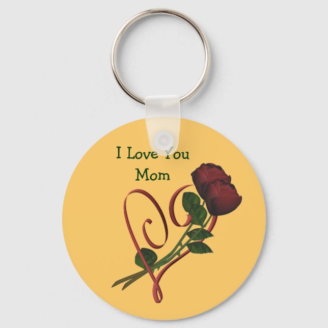 Love You Mom Red Roses Heart Flower Keychain (Front)