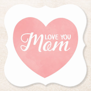 Love you mom text, mother's day pink heart paper coaster