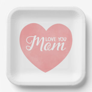 Love you mom text, mother's day pink heart paper plates