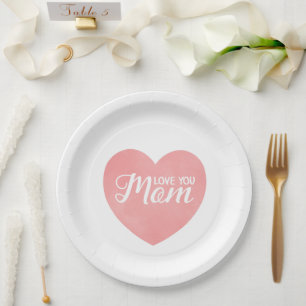 Love you mom text, mother's day pink heart paper plates