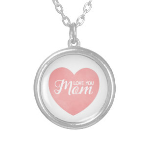 Love you mom text, mother's day pink heart silver plated necklace