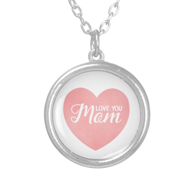Love you mom text, mother's day pink heart silver plated necklace (Front)