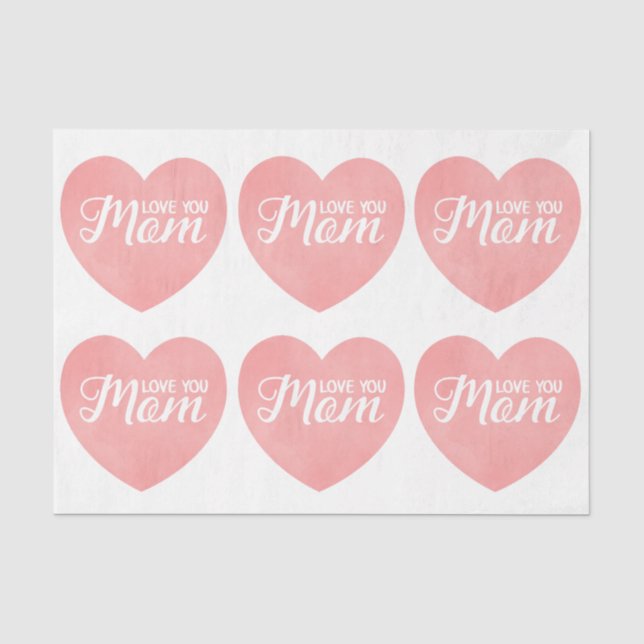 Love you mom text, mother's day pink heart tissue paper (Front)