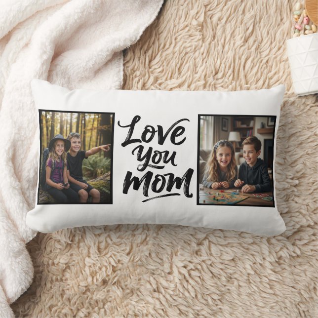 Love You Mom Two Photo Brush Script Keepsake  Lumbar Pillow (Blanket)