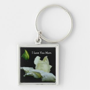 Love You Mom White Rosebud Flower Keychain