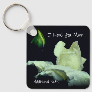 Love You Mom White Rosebud Personalized Keychain