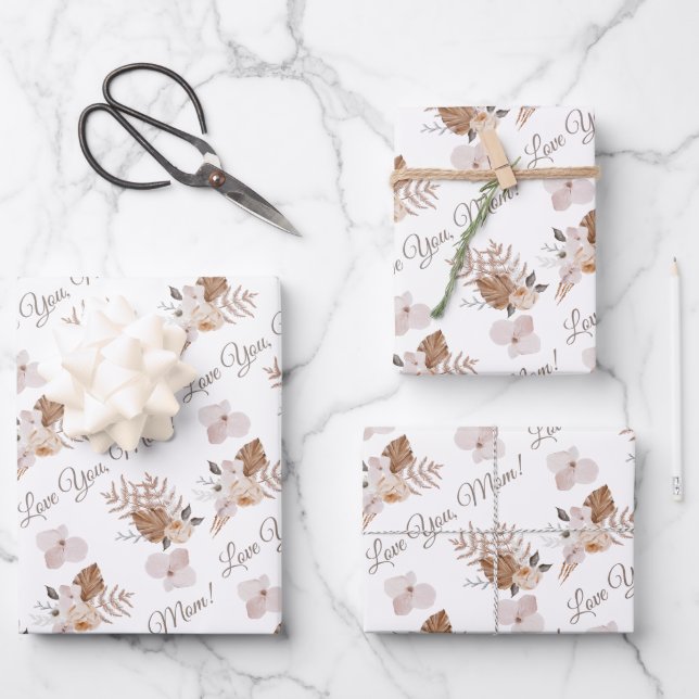 Love You Mom Wrapping Paper Flat Sheet Set of 3 (Front)