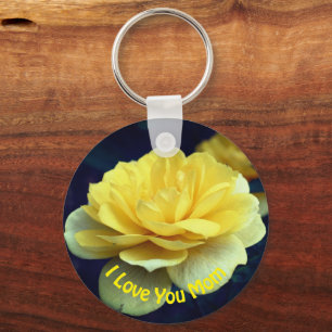 Love You Mom Yellow Rose Flower Keychain
