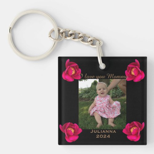 Love you Mommy black gold red roses keepsake Keychain