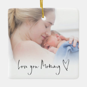 Love You Mommy Modern Script Heart Photo Overlay Ceramic Ornament