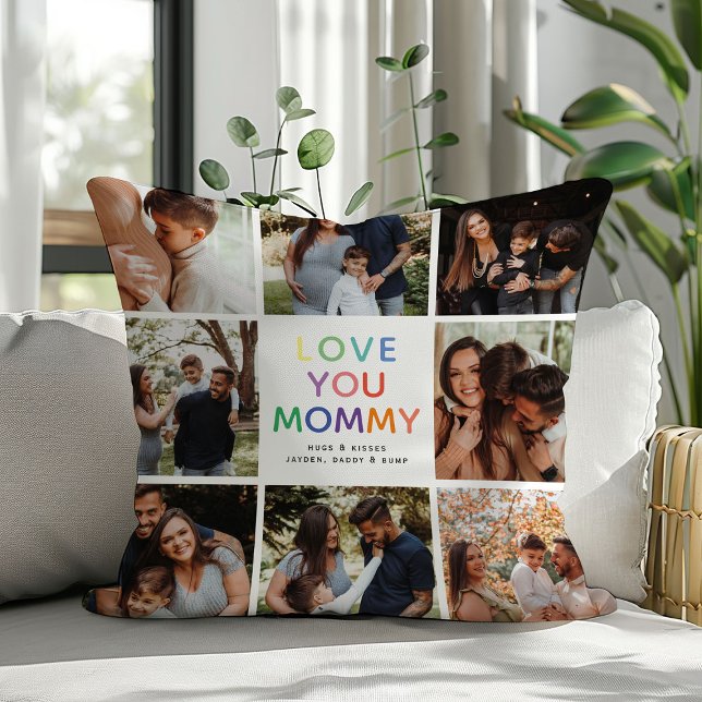 'LOVE YOU MOMMY' Rainbow Lettering Photo Collage Throw Pillow (Creator Uploaded)