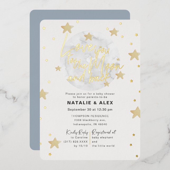 Love You Moon & Back Boy Baby Shower Foil Invitation (Front/Back)