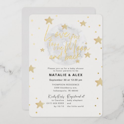 Love You Moon  Back Neutral Baby Shower Foil Invitation