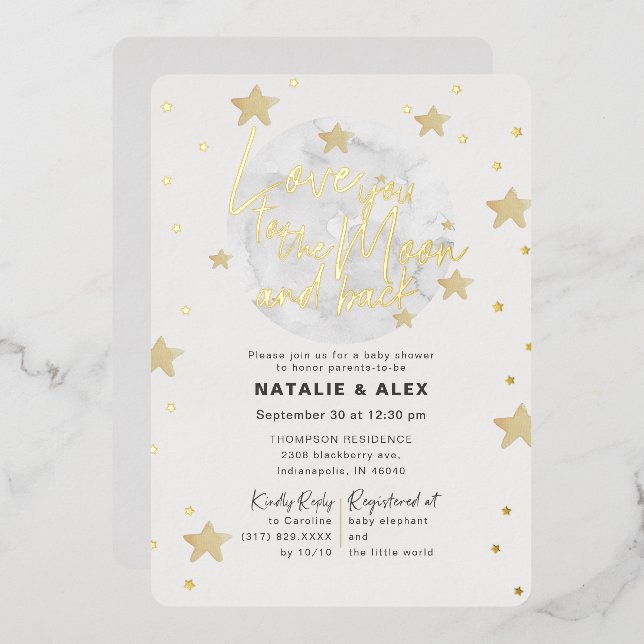 Love You Moon & Back Neutral Baby Shower Foil Invitation (Front/Back)