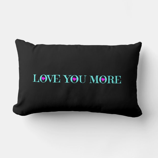 Love You More, Aqua Pink Hearts on Black Lumbar Pillow (Front)