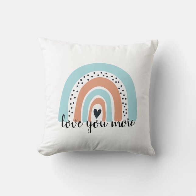 Love You More Rainbow Heart Blue Peach Throw Pillow (Front)