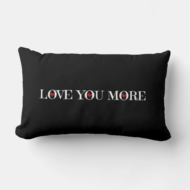 Love You More, White Red Hearts on Black Lumbar Pillow (Front)