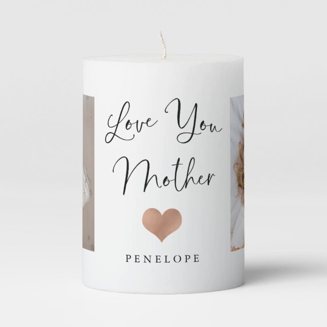 Love You Mother | Two Photo Script and Heart Pillar Candle (Front)