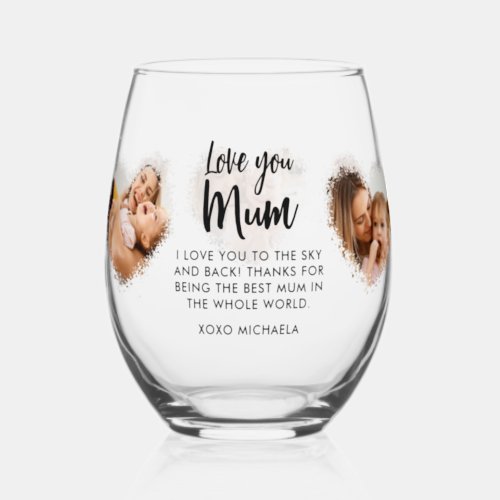 Love You Mum 5 Heart Photos  Personal Message Stemless Wine Glass