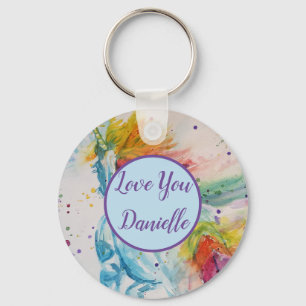 Love You Name Rainbow Unicorn Watercolour Key Ring