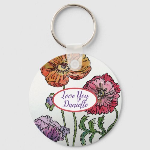 Love You Name Red Poppies Watercolour Key Ring