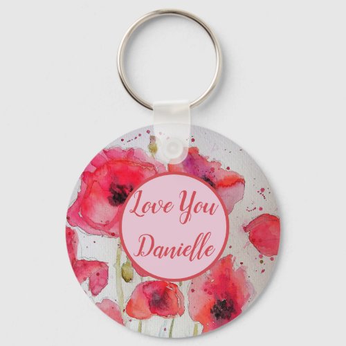 Love You Name Red Poppies Watercolour Key Ring