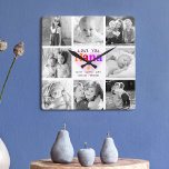 Love You Nana Colorful Bold Modern 8 Photo Collage Square Wall Clock<br><div class="desc">“Love you Nana.” She’s loving every minute with her grandkids. A playful, whimsical, stylish visual of colorful rainbow colored bold typography and black handwritten typography overlay a soft, light pink heart and a white background. Add 8 cherished photos of your choice and customize the names and message, for the perfect...</div>