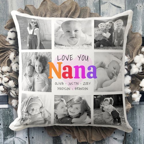 Love You Nana Colorful Bold Modern 8 Photo Collage Throw Pillow