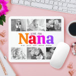 Love You Nana Colorful Rainbow 6 Photo Collage Mouse Pad<br><div class="desc">“Love you Nana.” She’s loving every minute with her grandkids. A playful, whimsical, stylish visual of colorful rainbow colored bold typography and black handwritten typography overlay a soft, light pink heart and a white background. Add 6 cherished photos of your choice and customize the names and message, for the perfect...</div>