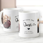 Love you OMA Hearts Custom Two Photo Coffee Mug<br><div class="desc">Simple and sweet two photo coffee mug for Grandma: The hand lettered script reads WE LOVE YOU OMA with pretty hearts flourishes over your names. Personalize with your two favorite photos and make this a modern,  trendy keepsake gift for a beloved grandmother.</div>