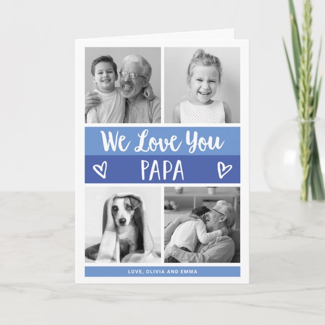 Love You Papa | Blue Color Block Photo Grid Card (Front)