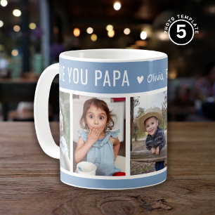 Love You Papa Grandkids 5 Photo Collage Blue Coffee Mug