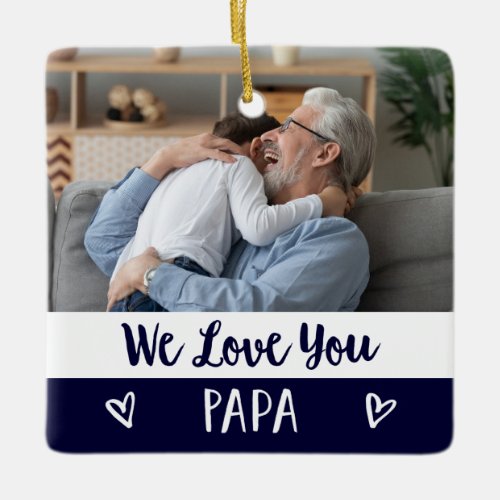 Love You Papa  Navy Blue Color Block Two Photo Ceramic Ornament