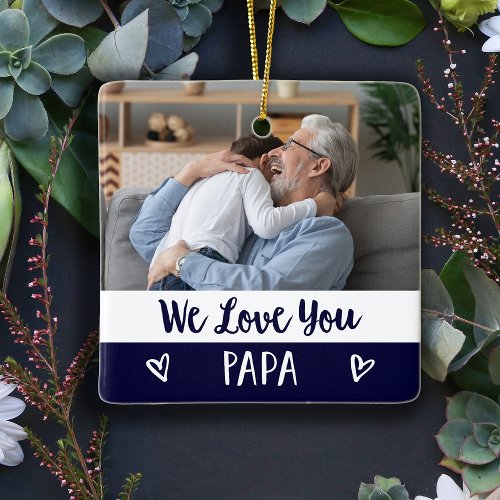Love You Papa  Navy Blue Color Block Two Photo Ceramic Ornament