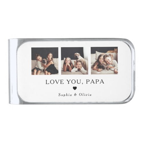 Love You Papa  Three Photos and a Heart Silver Finish Money Clip