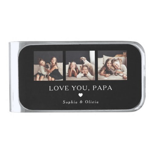 Love You Papa  Three Photos and a Heart Silver Finish Money Clip