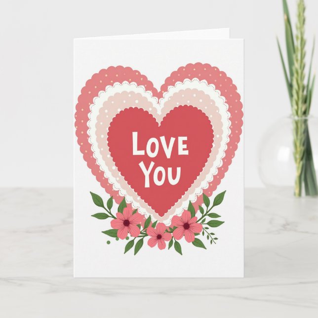 Love You Pink Heart Flower Card (Front)