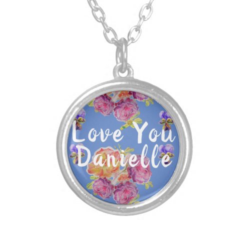 Love You Pink Rose on Blue Romantic gift Necklace