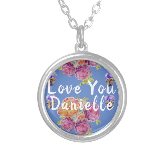 Love You Pink Rose on Blue Romantic gift Necklace (Front)