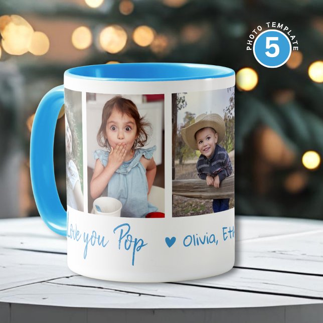 Love You Pop Grandkids Names 5 Photo Collage Blue Mug (Creator Uploaded)