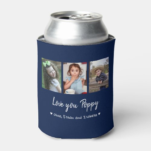 Love You Poppy 3 Photo Collage Blue Can Cooler