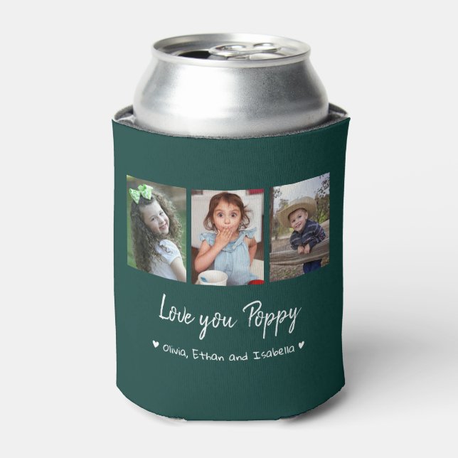 Love You Poppy 3 Photo Collage Green Can Cooler (Can Front)