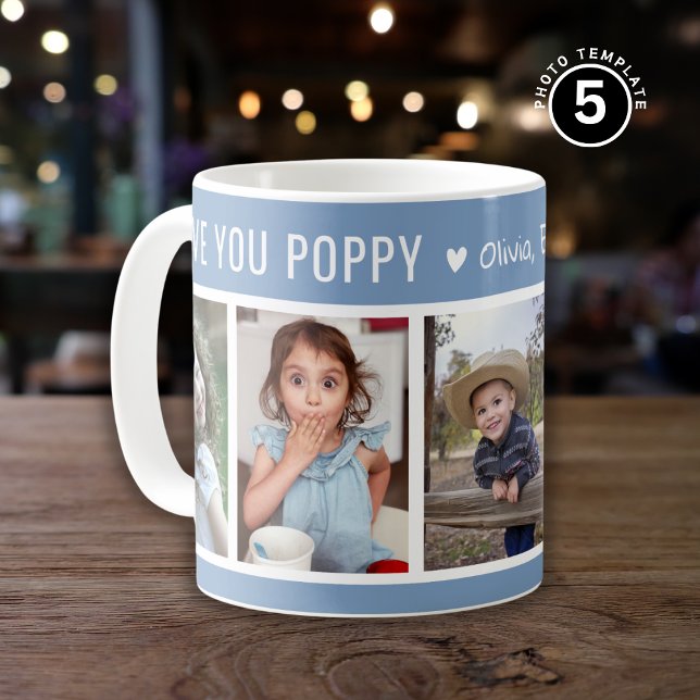 Love You Poppy Grandkids 5 Photo Collage Blue Coffee Mug (Creator Uploaded)