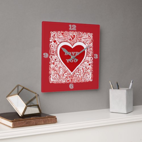 Love You Red And White Heart Square Wall Clock