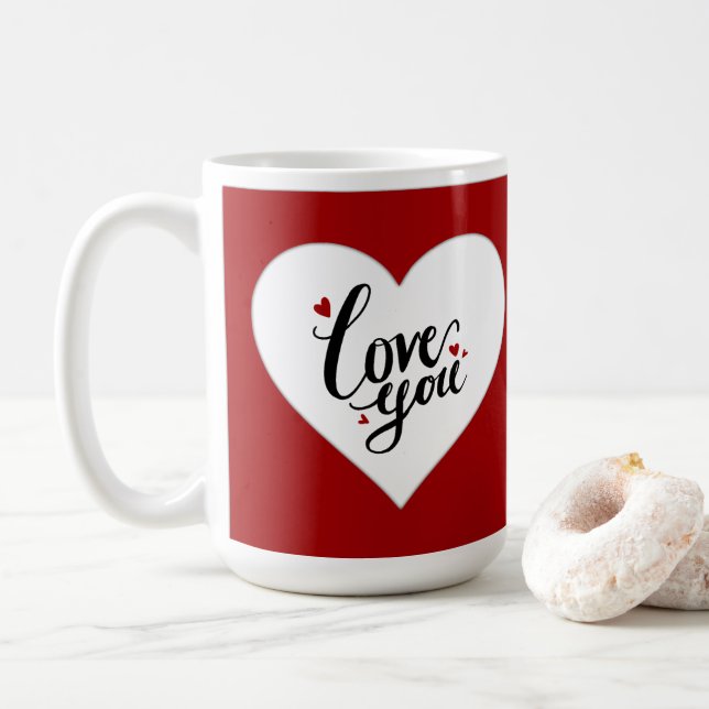 Love You Red Heart Custom Name Romantic  Coffee Mug (With Donut)