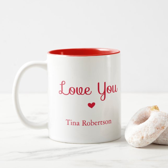 Love you red heart personalized white Two-Tone coffee mug (With Donut)