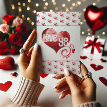 Love You Red Heart Valentine Folded Thank You Card