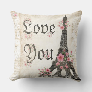 Love You Romantic Paris Pink cherry blossoms Throw Pillow