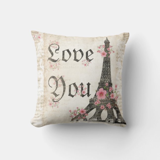 Love You Romantic Paris Tea pink cherry blossoms Throw Pillow (Front)