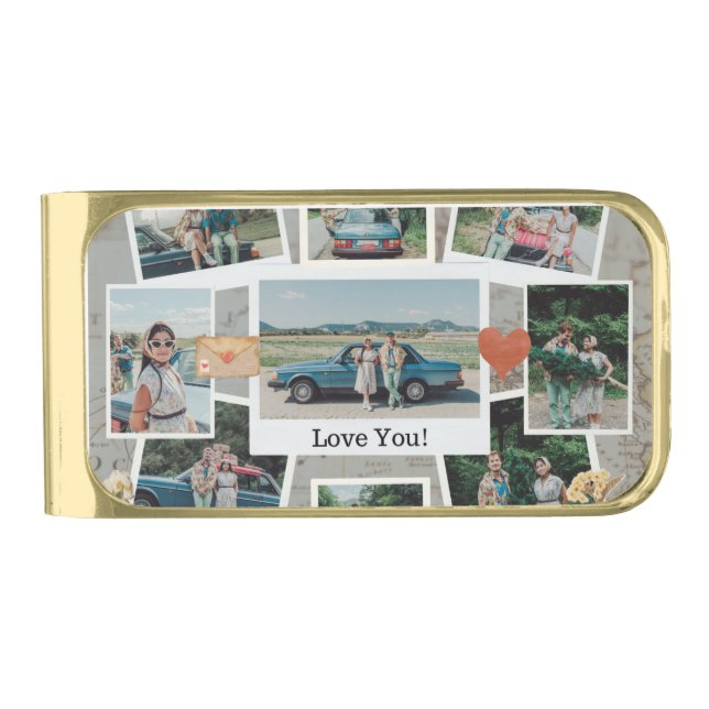 Love You Scrapbook Photo Collage – Romantic Memori Gold Finish Money Clip (Front)